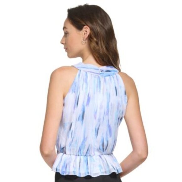 DKNY Women's Blue Chiffon Printed Crisscross Metallic-Detail Top NWT - Picture 2 of 7